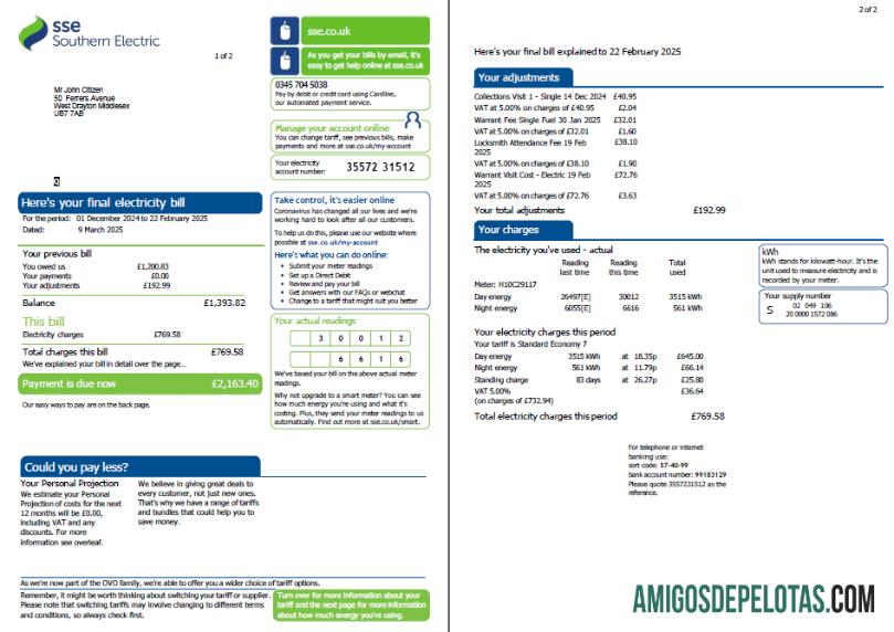em branco Modelo de conta de serviços públicos SSE da Escócia em formatos Word e PDF, 2 páginas